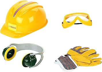 Theo Klein 8537 Set de Accesorios, Guantes de Trabajo, Gafas de Seguridad, Orejeras y Casco de Calidad, Medidas del Embalaje 30 cm x 38 cm 10 cm, Juguete para niños a Partir de 3 años